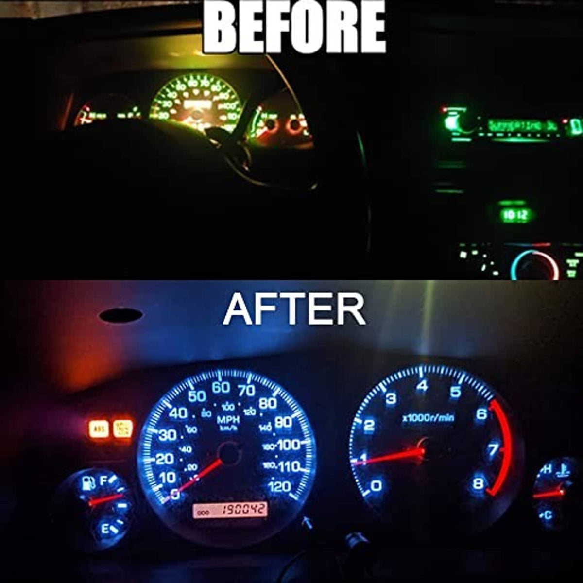 T5 LED bulbs create bright white illumination in a vehicle instrument cluster