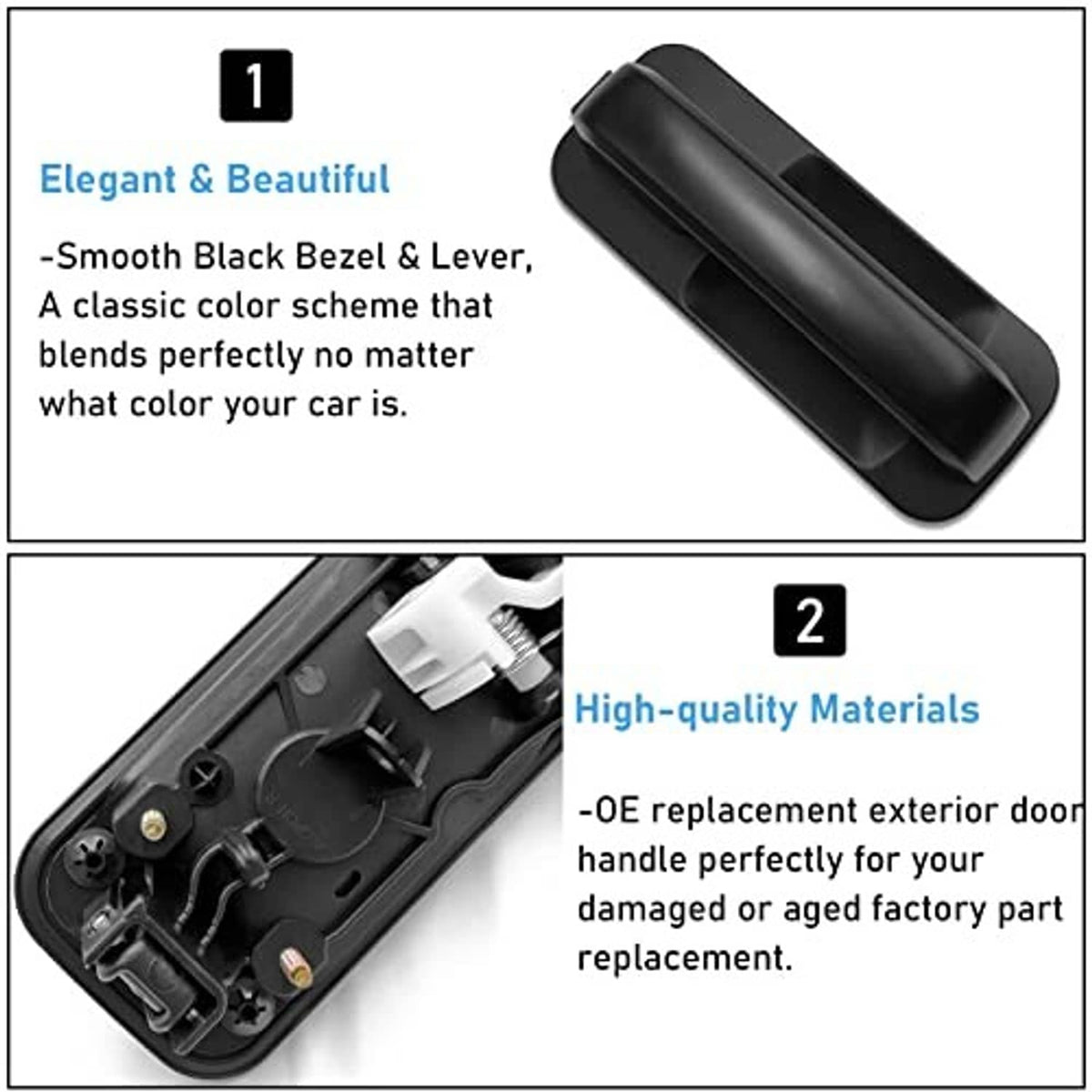 Black exterior door handle replacement, smooth bezel and lever close-up