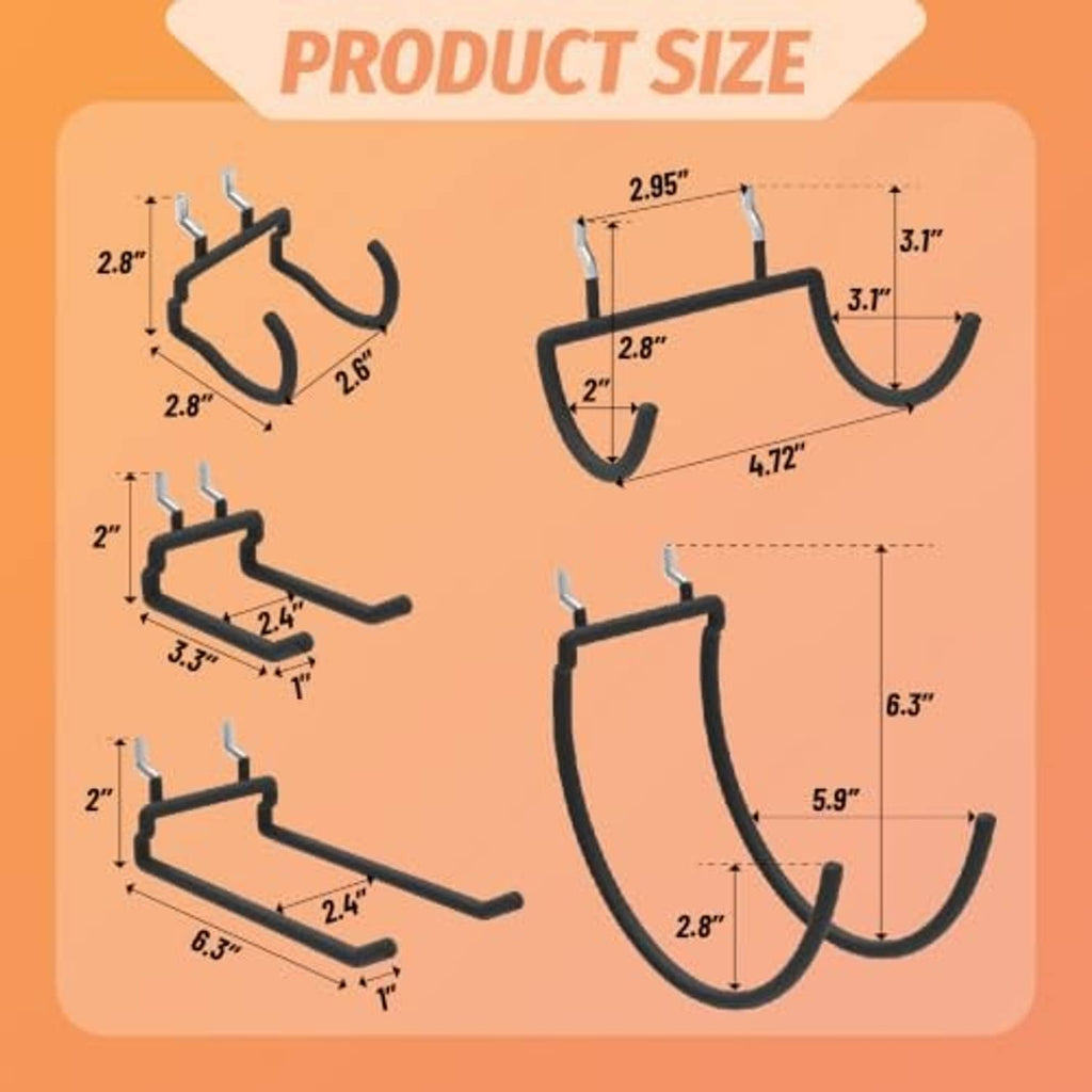 Assorted pegboard utility hook sizes, U-shaped holders with single mounting pins