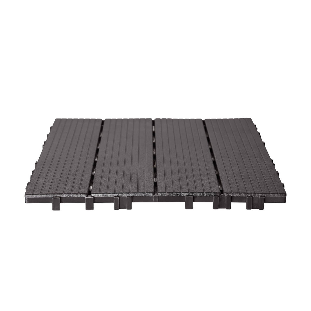 Interlocking deck tiles, dark brown with raised grooves and locking tabs