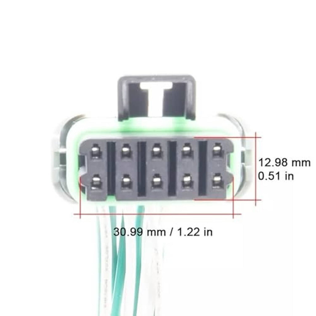 Headlight connector face with labeled pin layout and teal wire leads