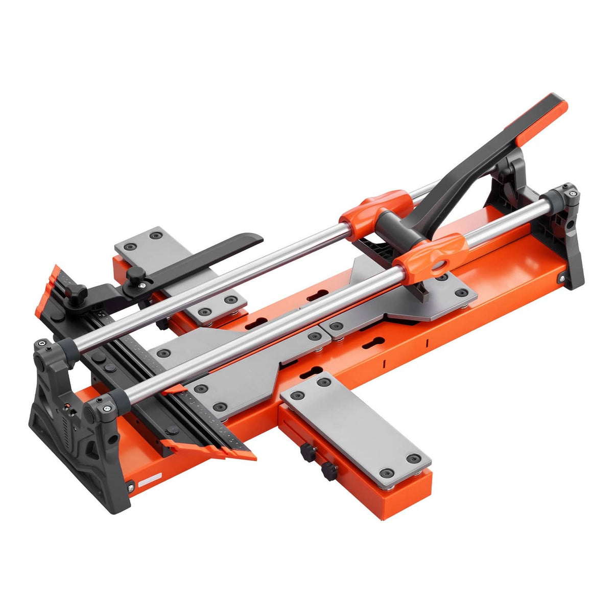 Manual tile cutter with sliding head, orange base and black handle, 24-inch rail