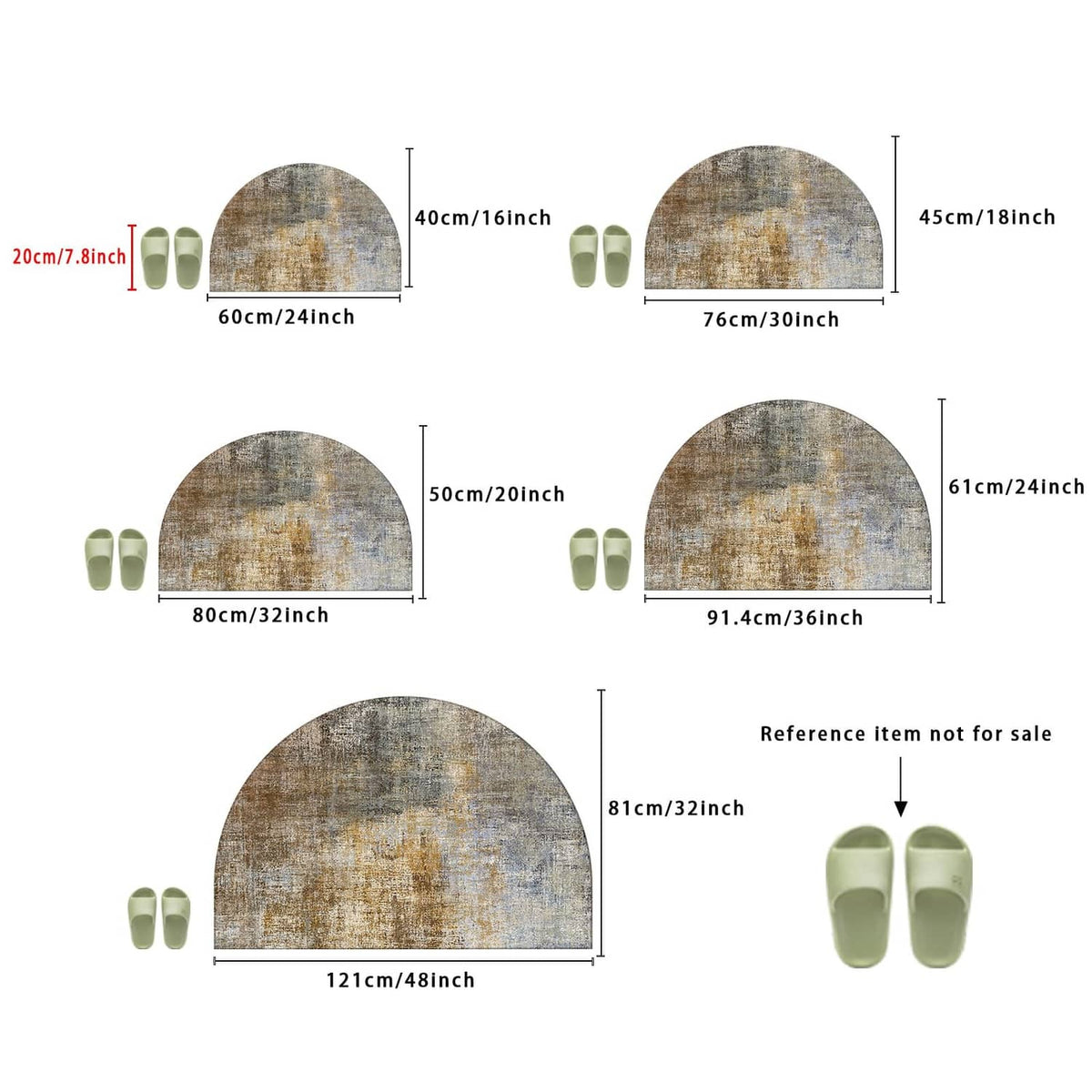 Diagram of semicircular doormat sizes and shape with scale lines