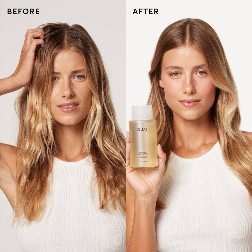 Fine hair shampoo and conditioner set shown in hand with OUAI bottle, gold serum and white.
