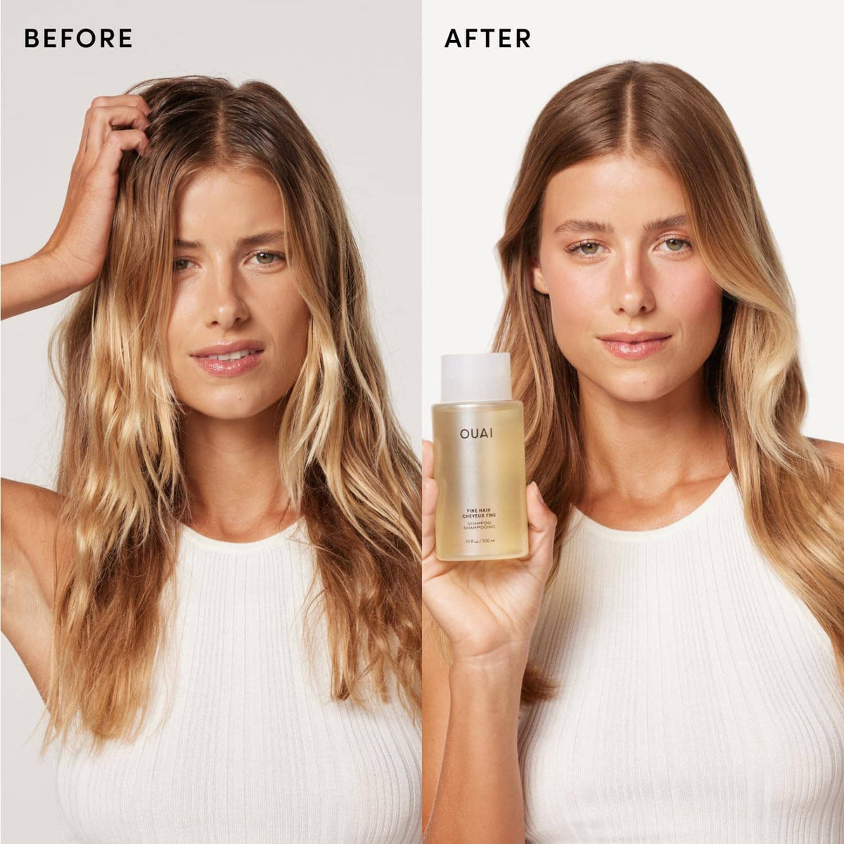 Fine hair shampoo and conditioner set shown in hand with OUAI bottle, gold serum and white.