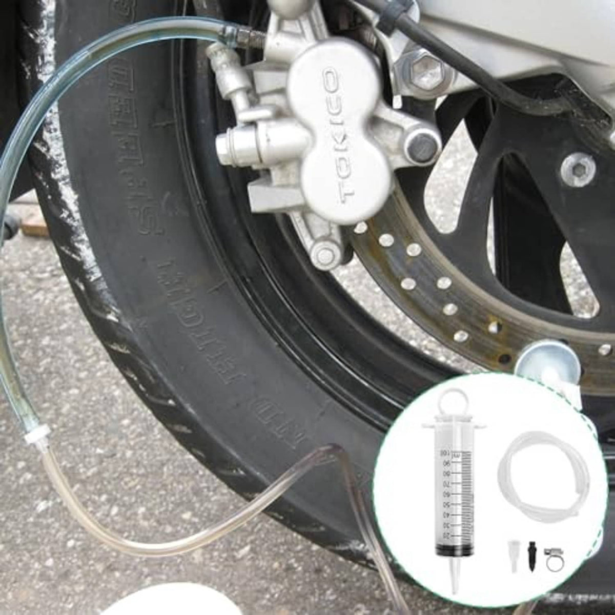 Syringe and clear hose kit for motorcycle disc brake bleeding