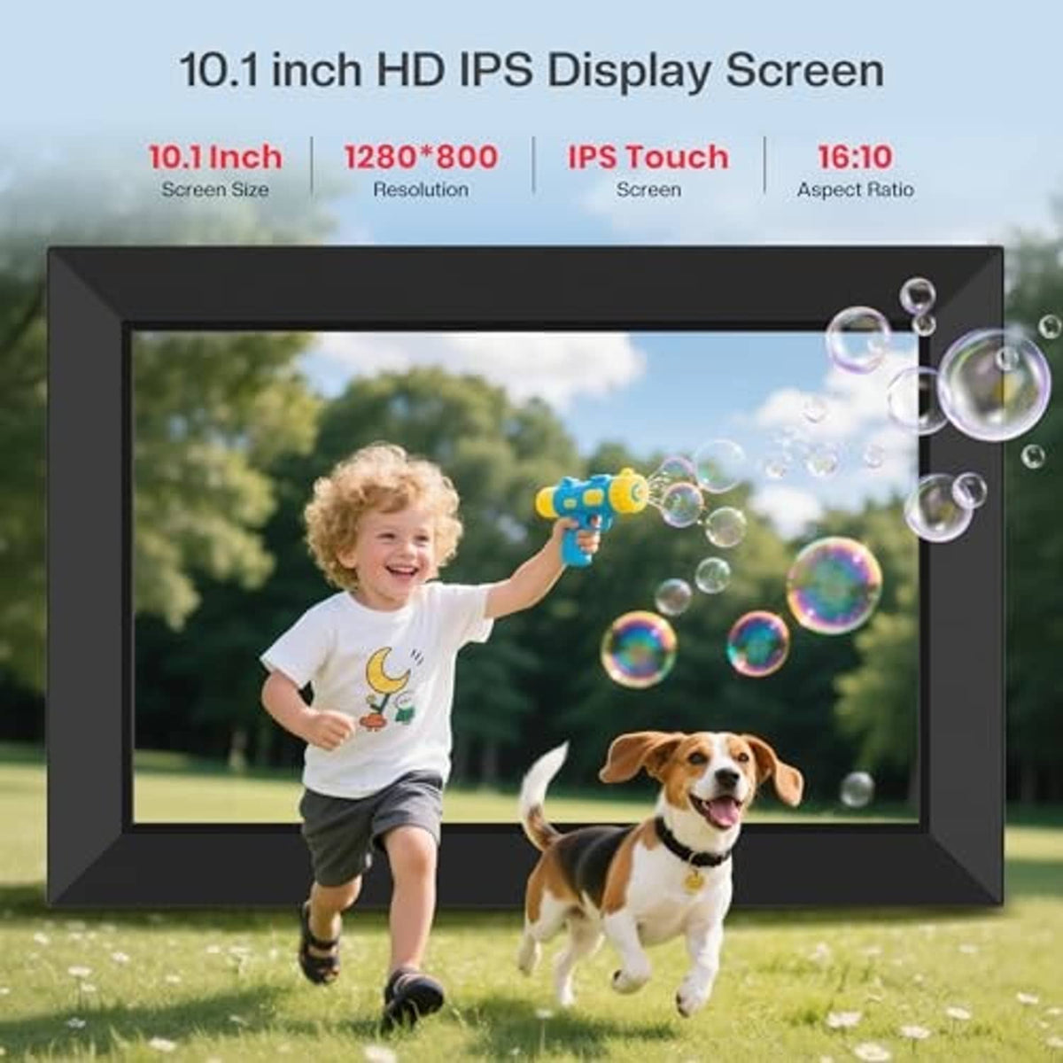 Black digital picture frame with 10.1 inch screen showing child and dog photo