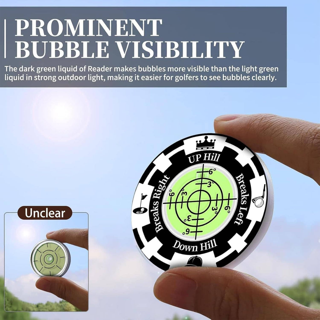 Golf ball marker reader disc with green bubble level on black-and-white layout