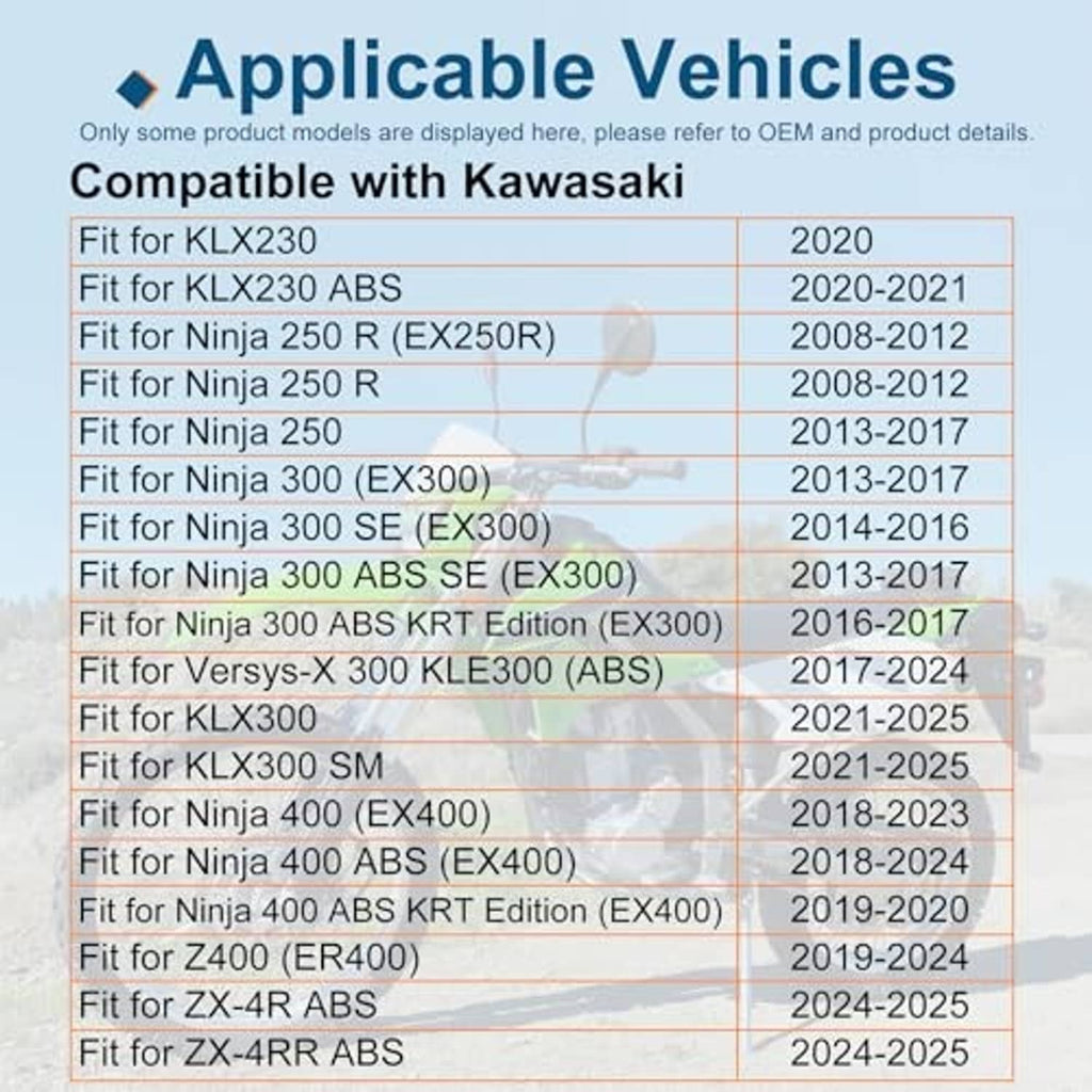 Motorcycle sprocket fitment compatibility chart for Kawasaki models