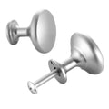 Mushroom cabinet knob in brushed zinc alloy finish, oval top on round pedestal base