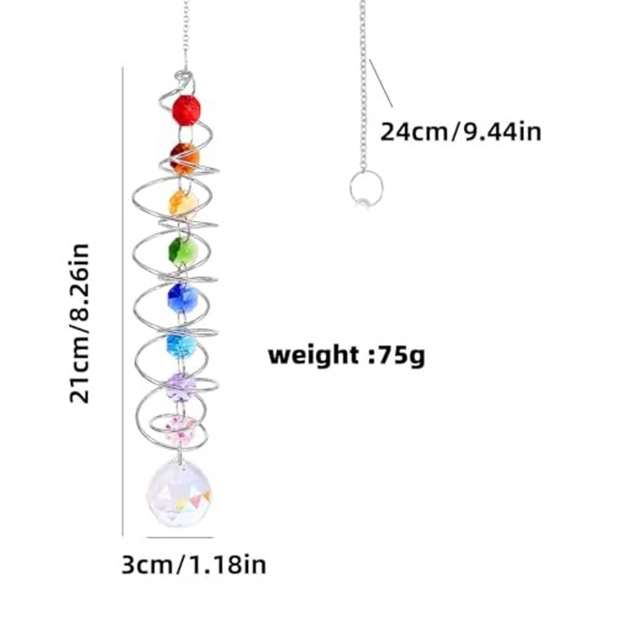Hanging crystal wind spinner with spiral metal coil and red-to-blue colored beads with prism ball.