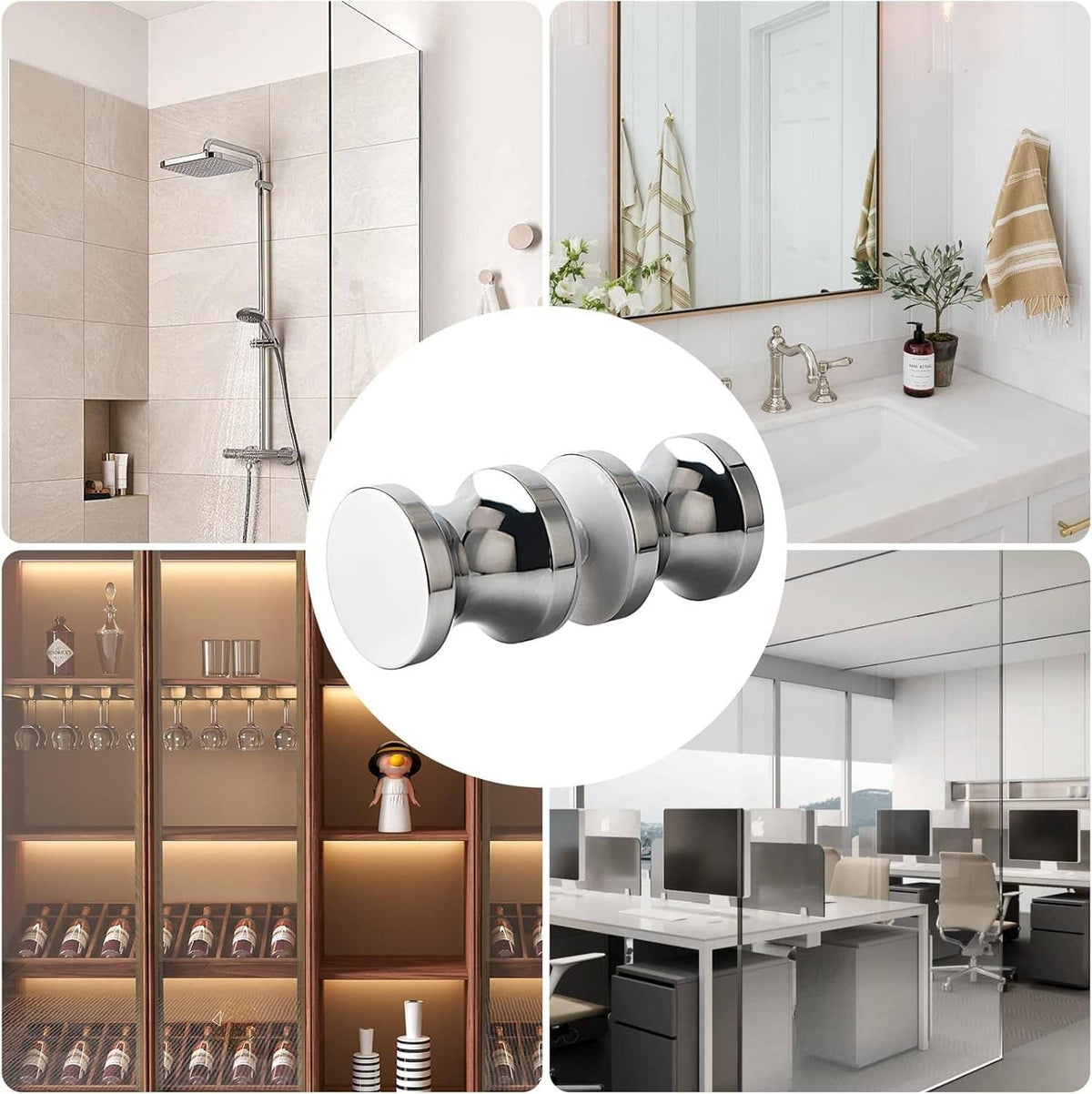Polished chrome sliding shower glass door handle with dual round knobs in bathroom