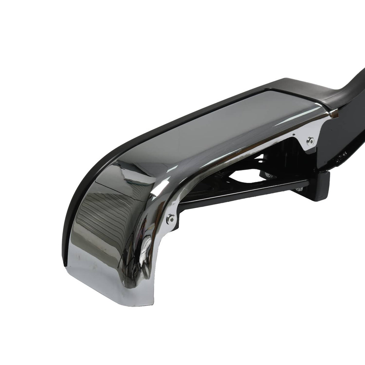 Chrome rear bumper assembly end cap with curved chrome surface and mounting bracket