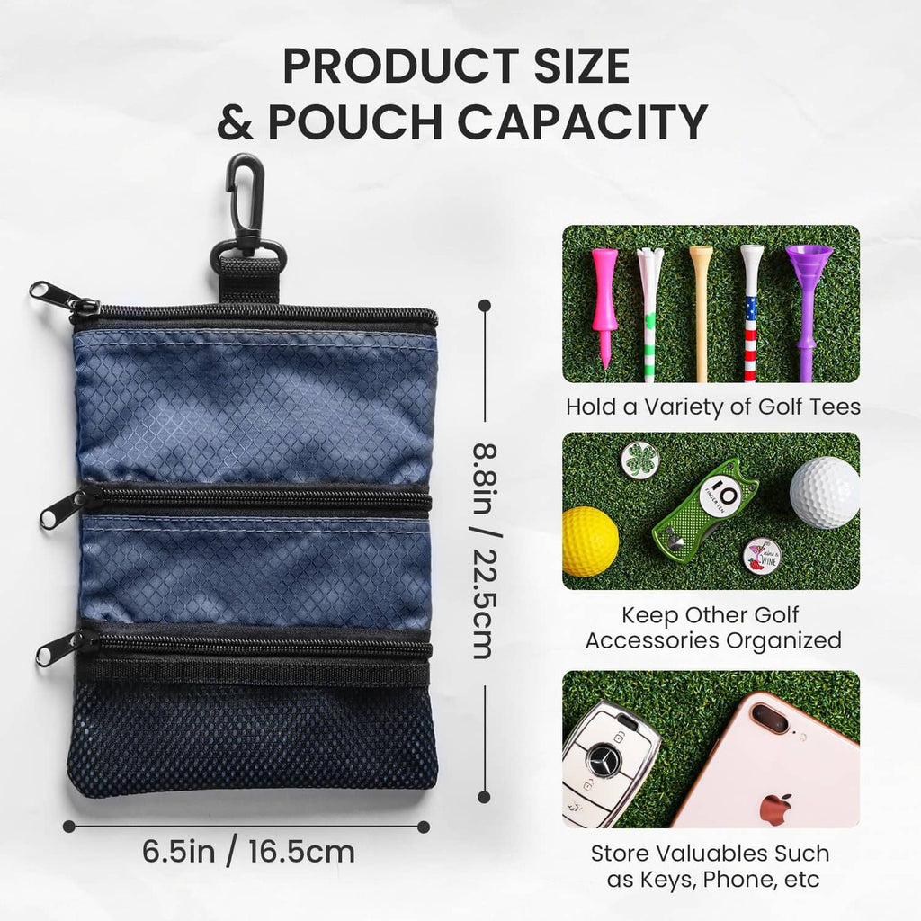 Blue golf pouch bag with front zip compartments for golf tees and valuables