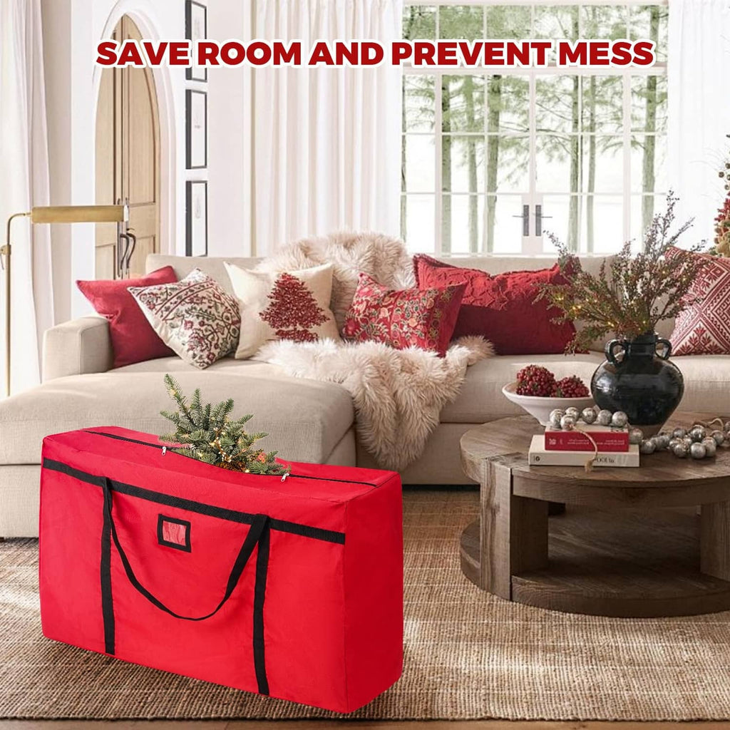 Red Christmas tree storage bag with black straps and front pocket/card slot.