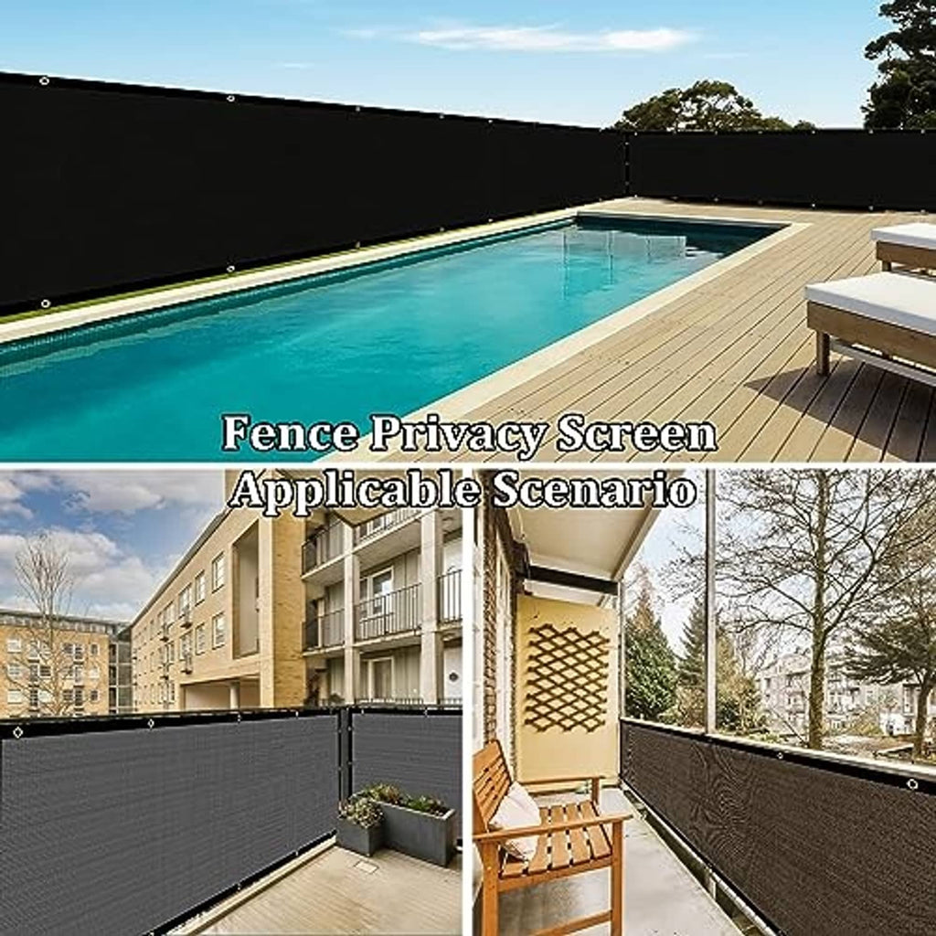 Black fence privacy screen panel along poolside deck and railing.
