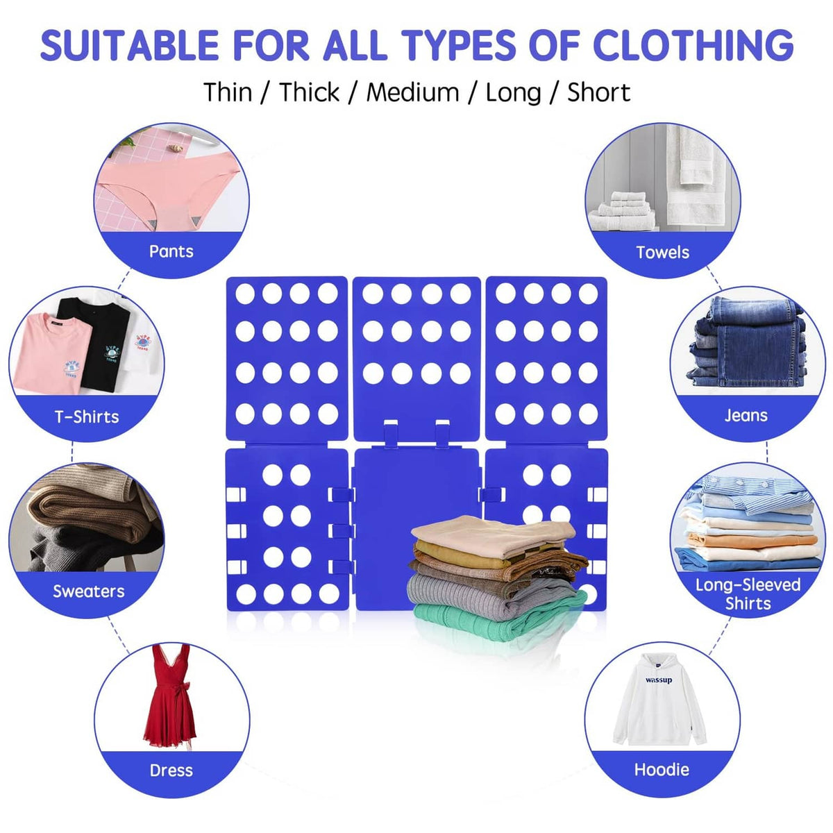 Blue shirt folding board for many garments: T-shirts, towels, hoodies, and pants
