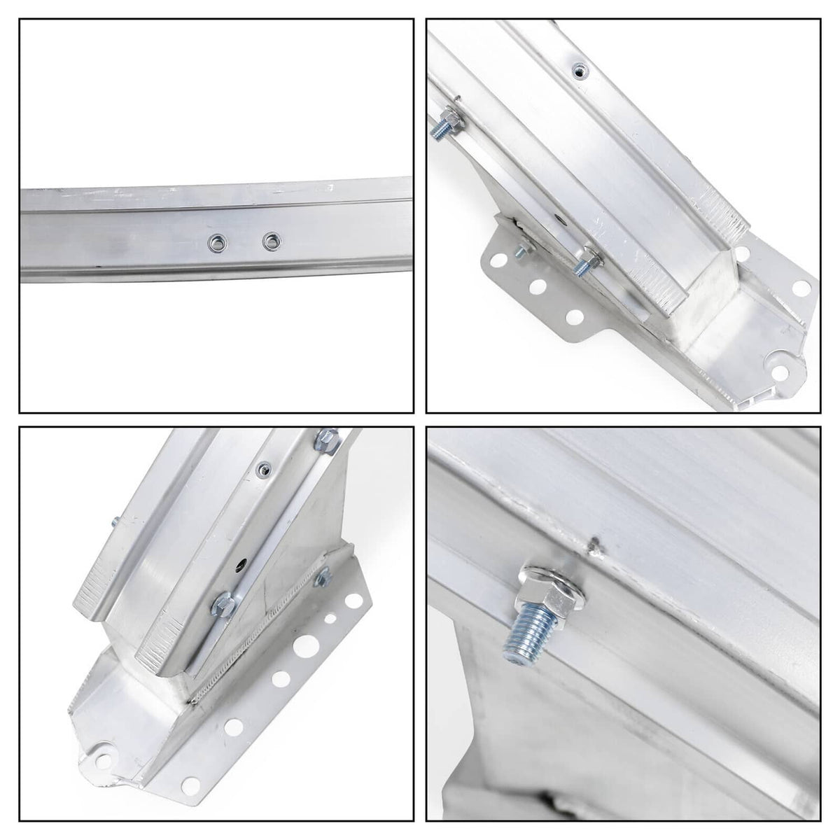Bumper reinforcement beam close-up with bolts, bracket plates, and mounting holes