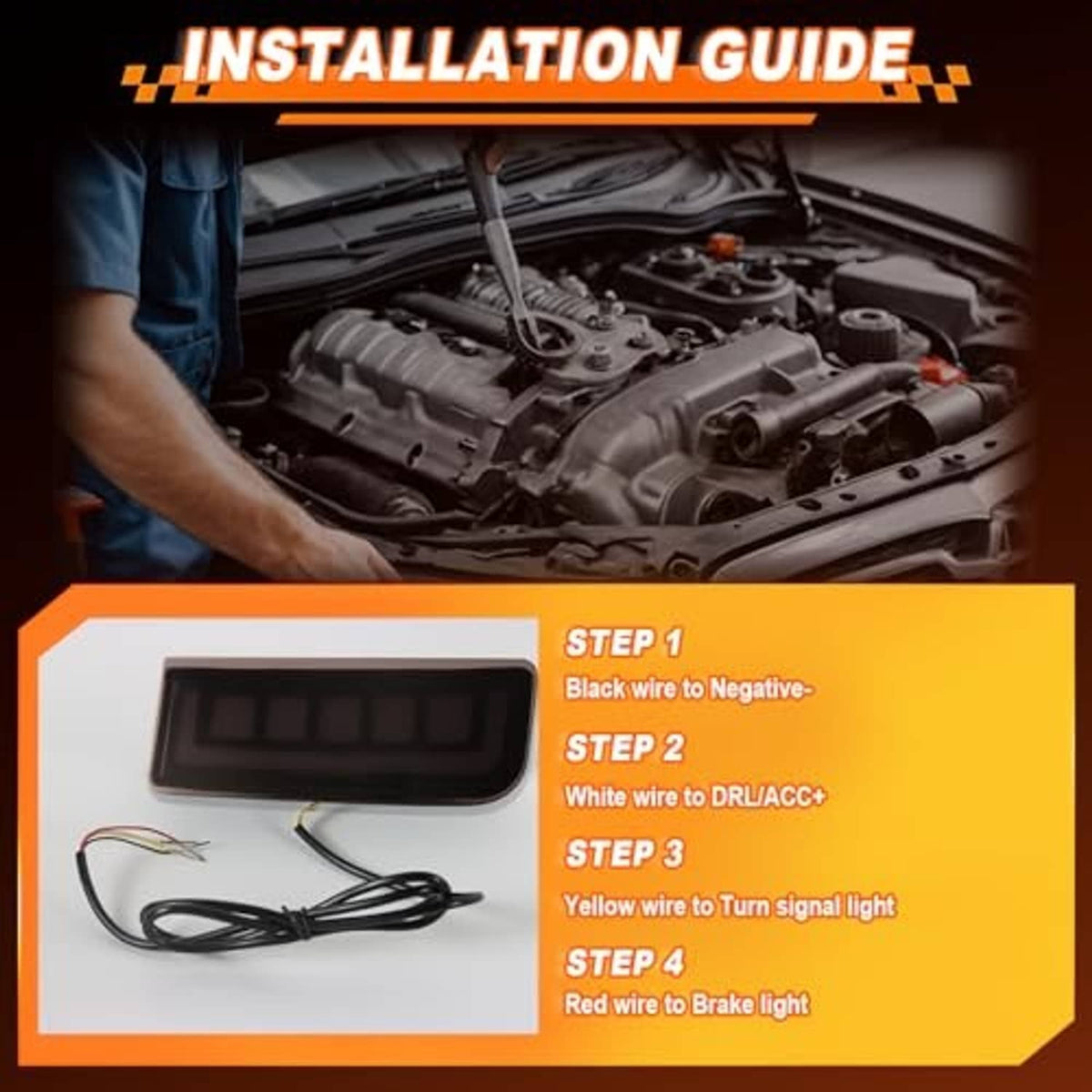 LED rear reflector light kit with wiring and red LED bar, smoked black housing