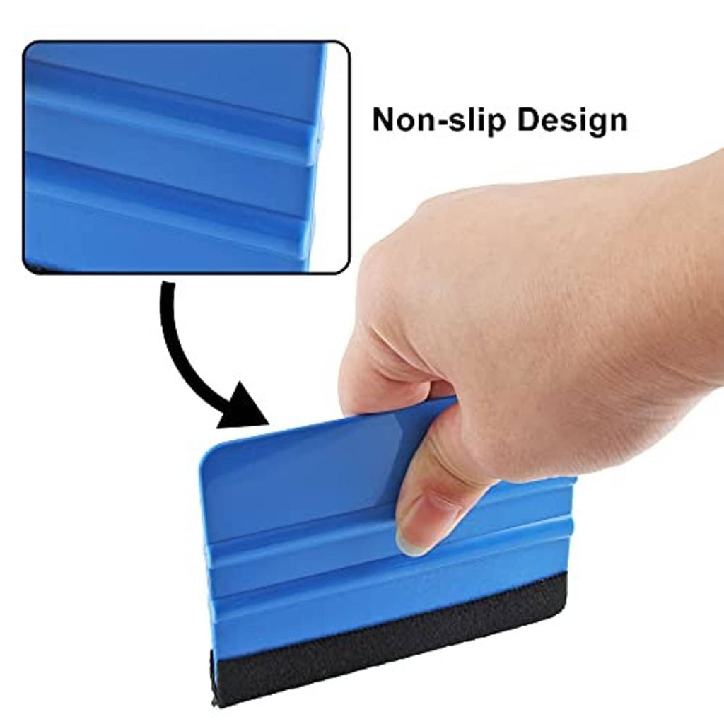 Blue non-slip felt-edge squeegee with black scraper edge, held in a hand