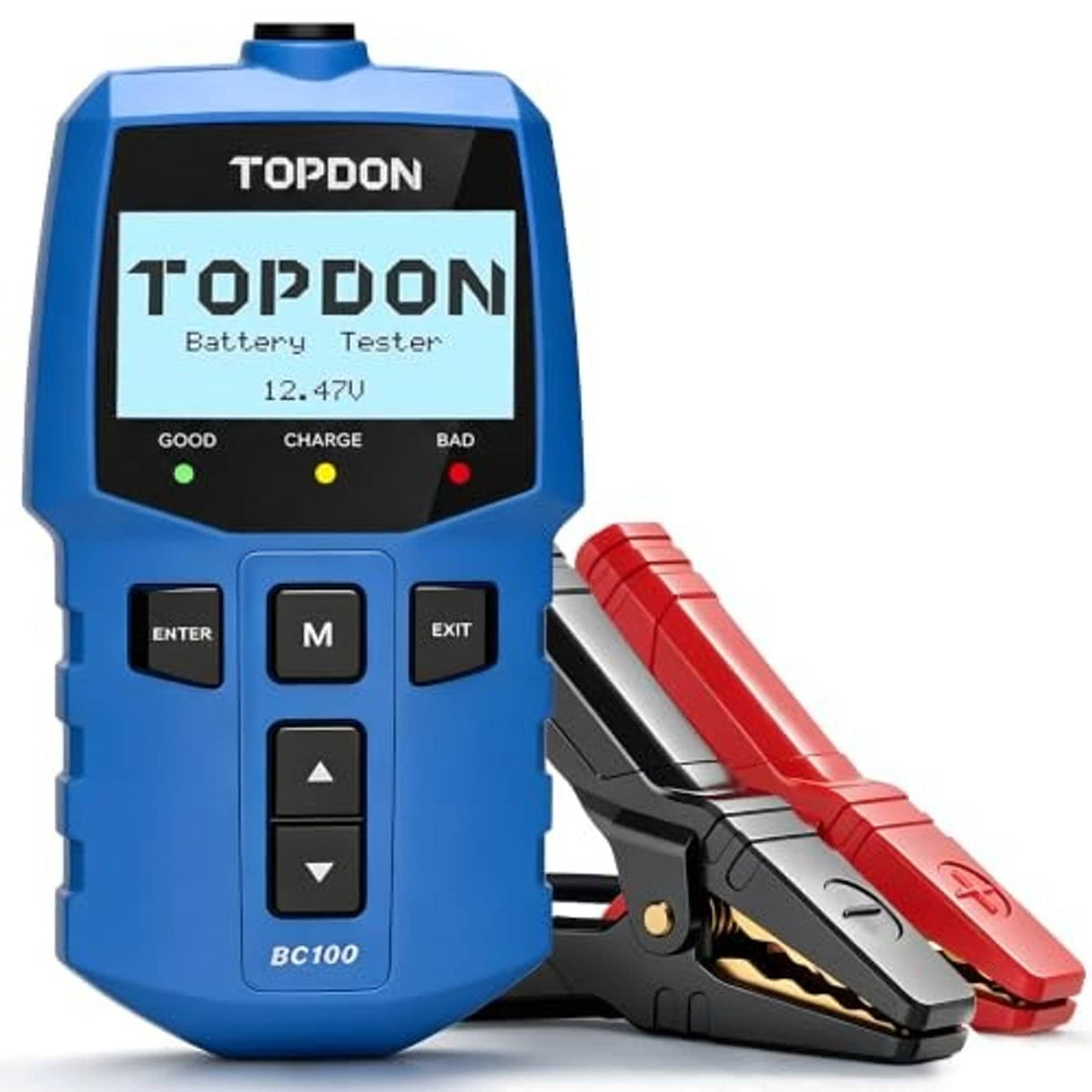 Blue TOPDON battery tester with LCD screen and red/black battery clamps