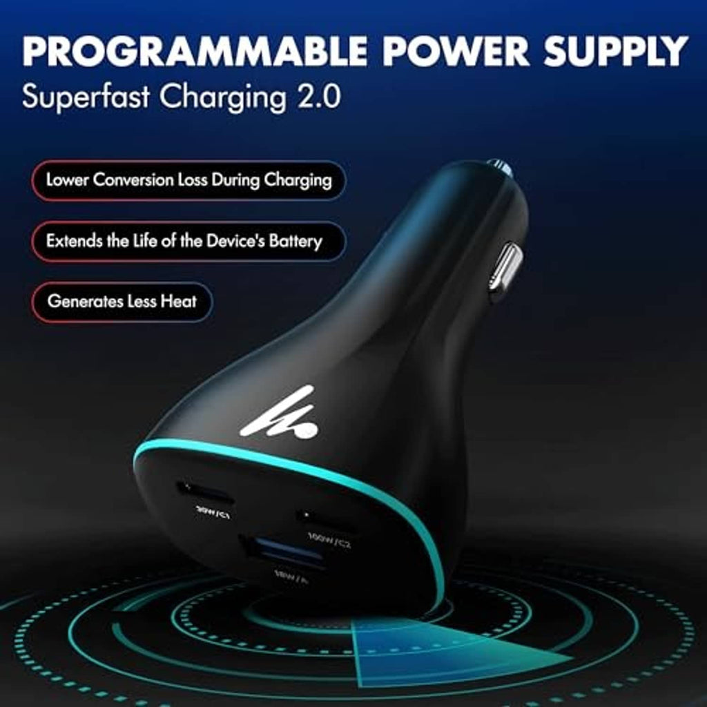 Black car charger with blue LED ring and two USB ports, angled close-up