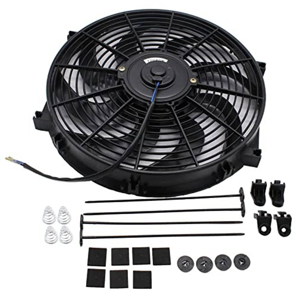 Black radiator fan assembly kit with blades, wiring, and mounting brackets
