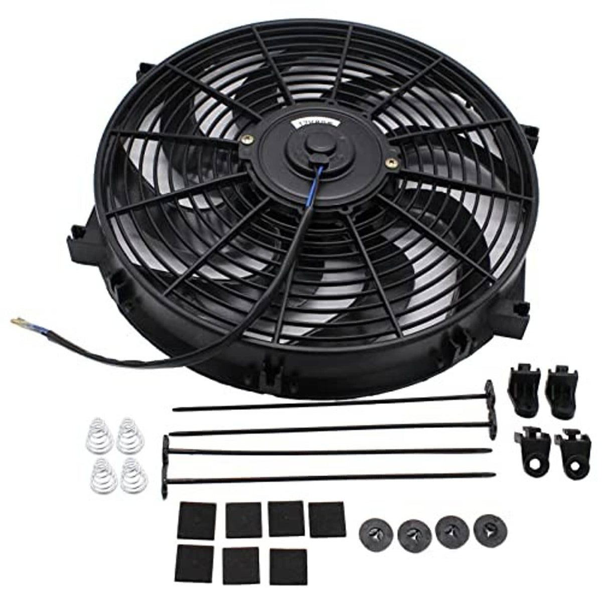 Black radiator fan assembly kit with blades, wiring, and mounting brackets