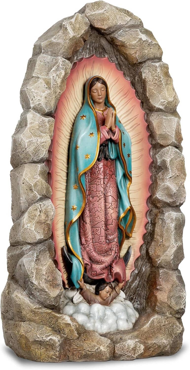 Virgin Mary statue with teal mantle, detailed pink robe, standing on white cloud base.