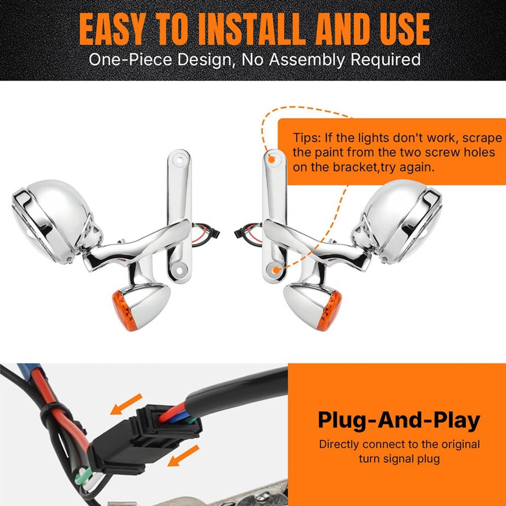 Chrome auxiliary LED lamps with amber turn lenses and wiring plug connector