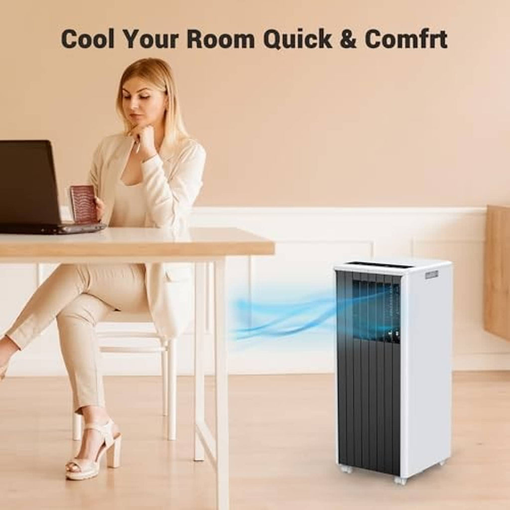 Portable air conditioner with white housing and dark grille, placed on a floor.