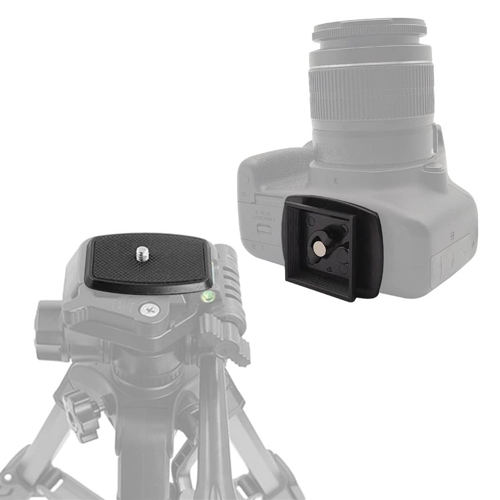 Black quick release plate adapter mounted under camera, textured surface and screw