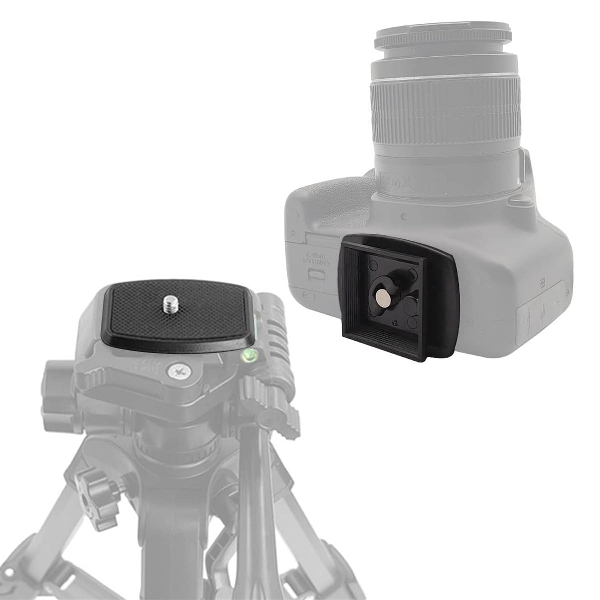 Black quick release plate adapter mounted under camera, textured surface and screw