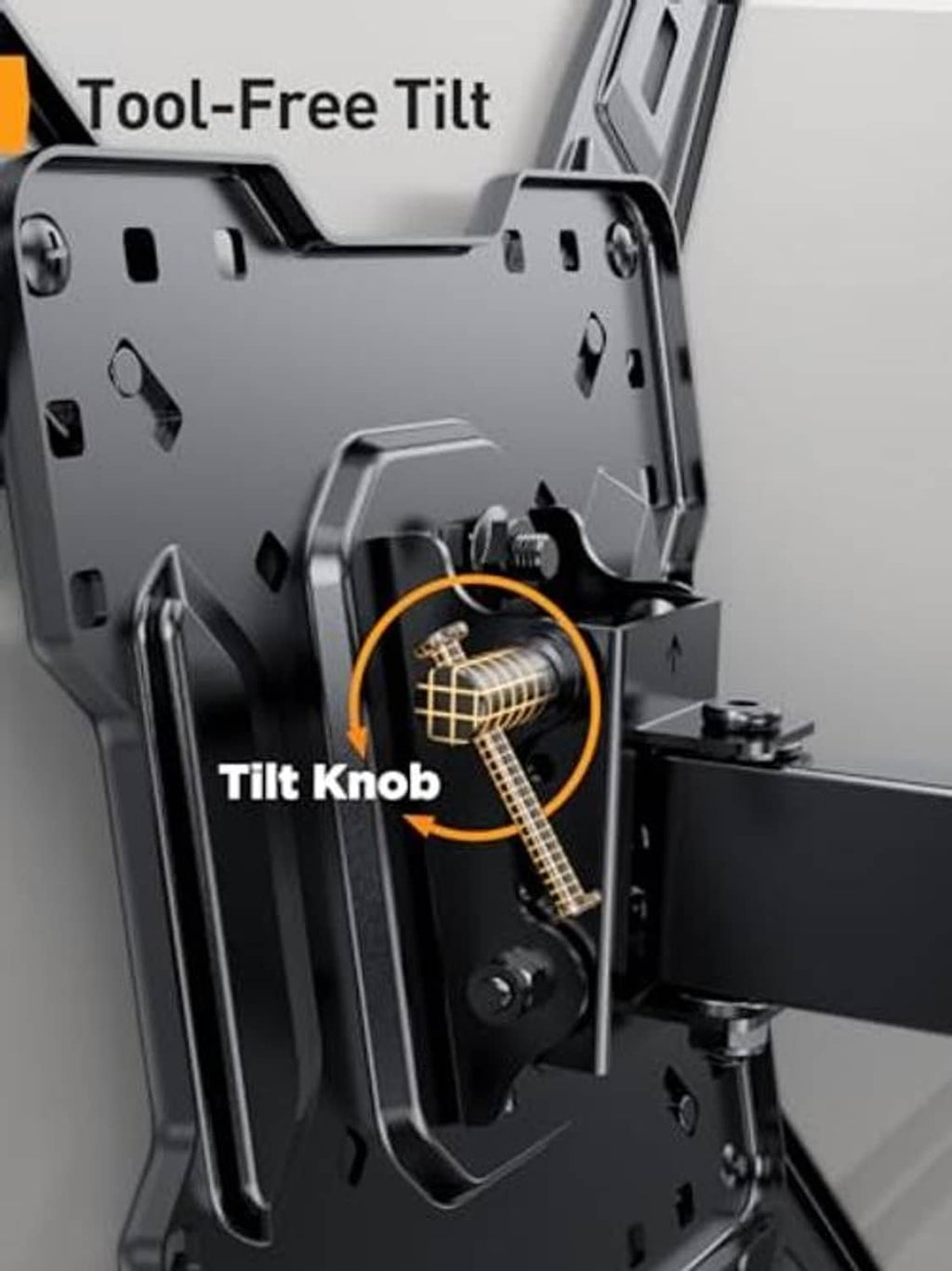 Close-up tilt knob and locking mechanism on a full-motion TV wall mount bracket