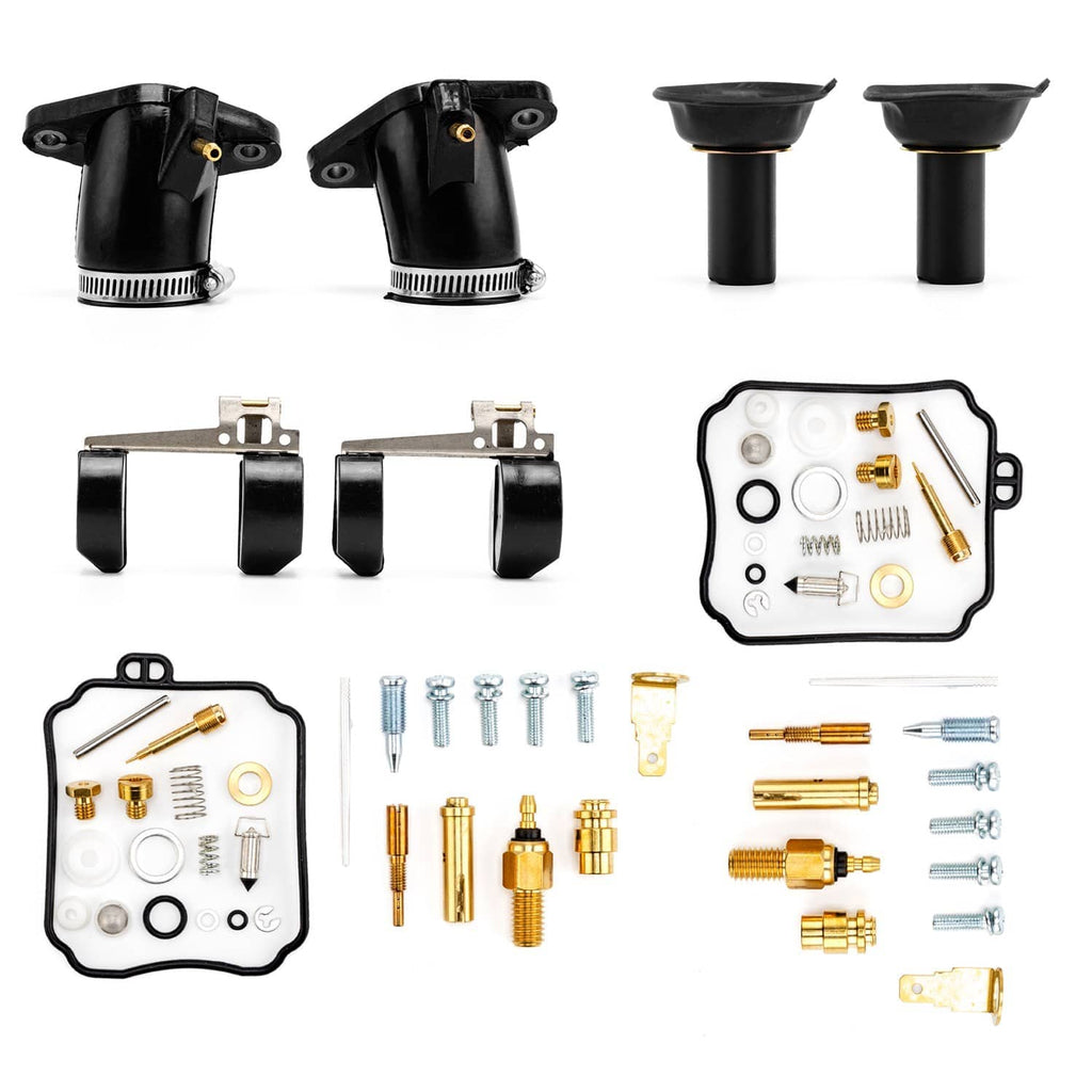 Carburetor rebuild kit with black intake boots, gaskets, and assorted brass jets and screws