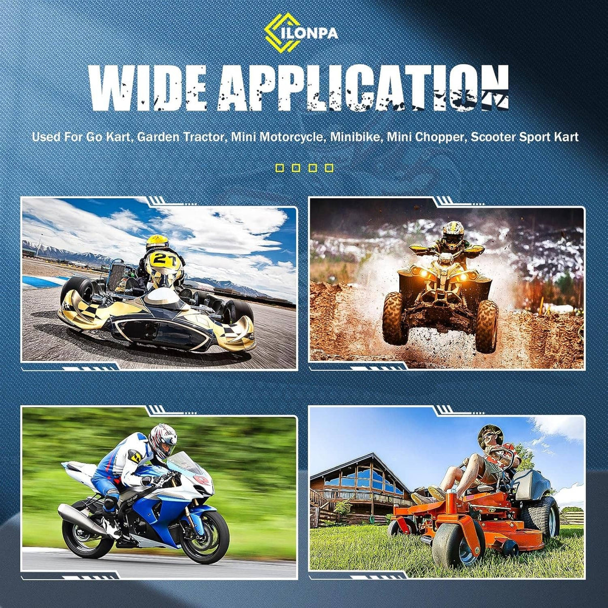 Centrifugal clutch kit shown with riders on go-karts, mini bikes, and garden tractors