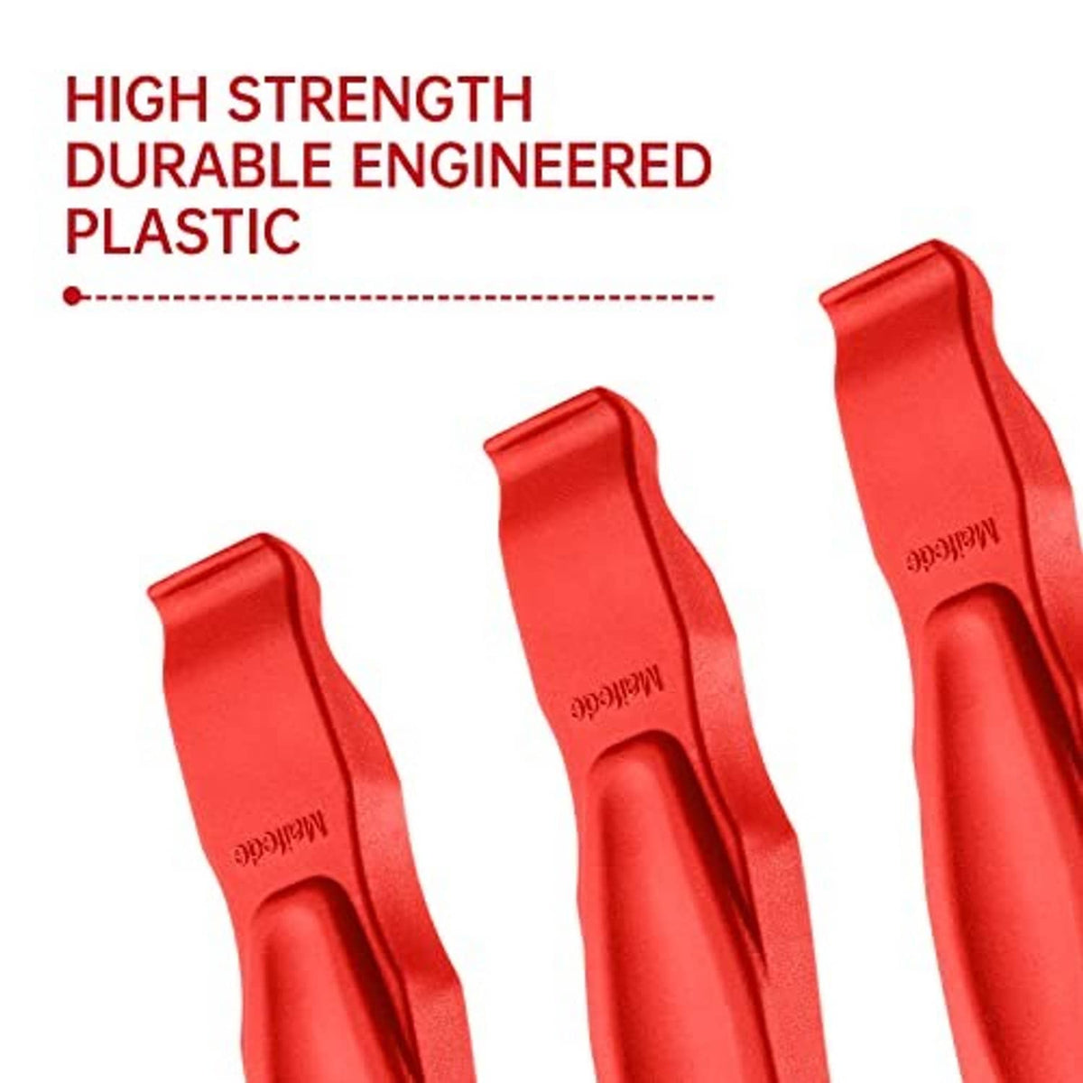 Three red plastic tire levers with contoured hand grip and hook tips