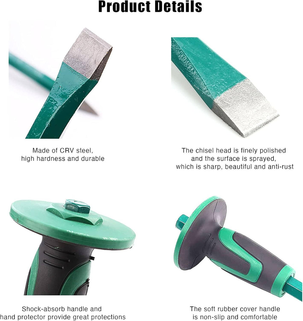 CRV steel flat chisel head, teal shaft and hand guard, polished anti-rust tip