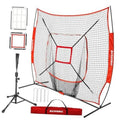 Red baseball practice net with black grid and strike zone on tripod frame
