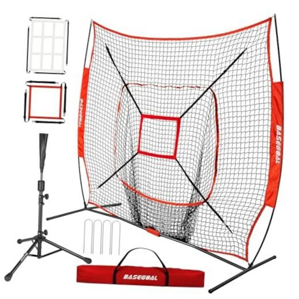 Red baseball practice net with black grid and strike zone on tripod frame