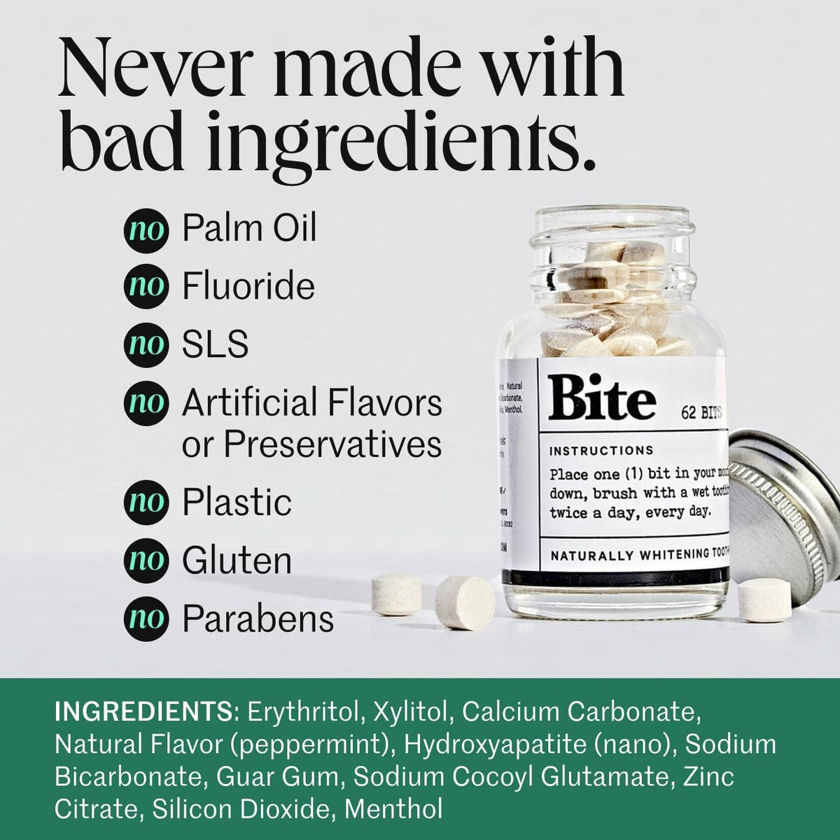 Bite whitening toothpaste tablets jar with scattered white tablets and printed label front