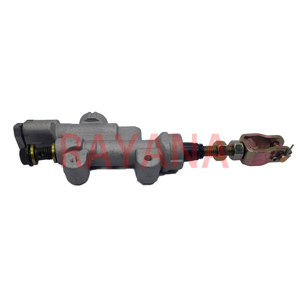 Rear brake master cylinder assembly with banjo bolt and connecting pushrod