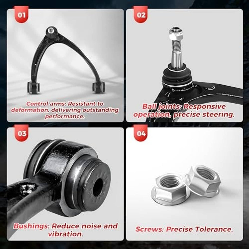 Front control arm components with bushings and ball joint, plus screws and clips