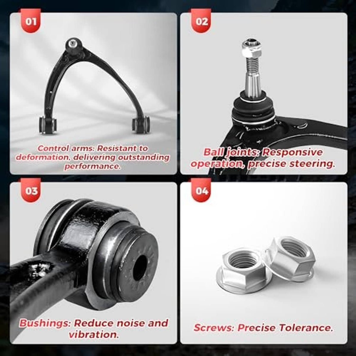 Front control arm components with bushings and ball joint, plus screws and clips
