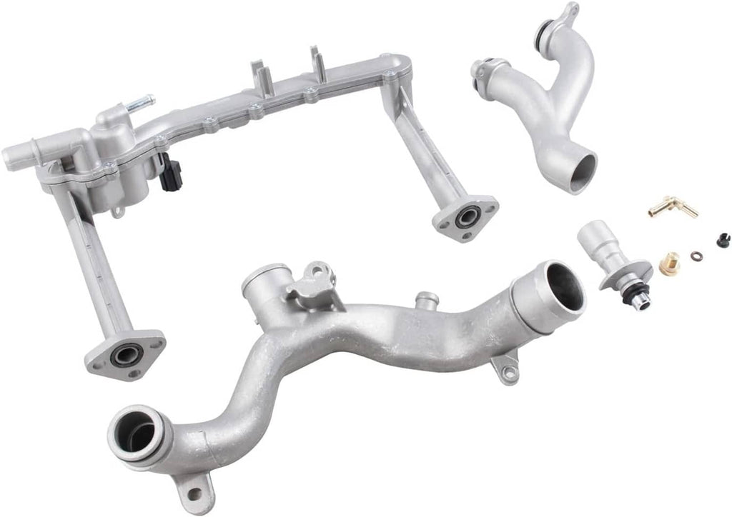 Aluminum coolant water pipe kit with curved hoses, flanges, and small hardware pieces
