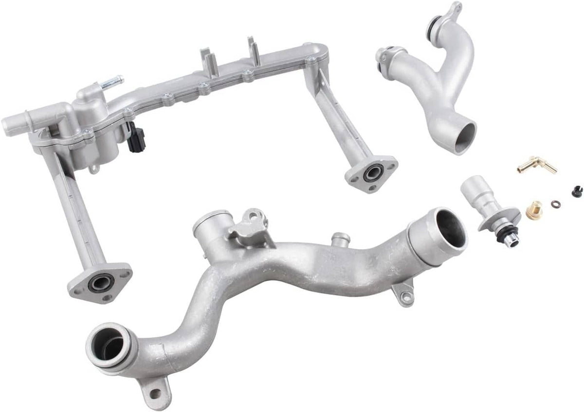 Aluminum coolant water pipe kit with curved hoses, flanges, and small hardware pieces