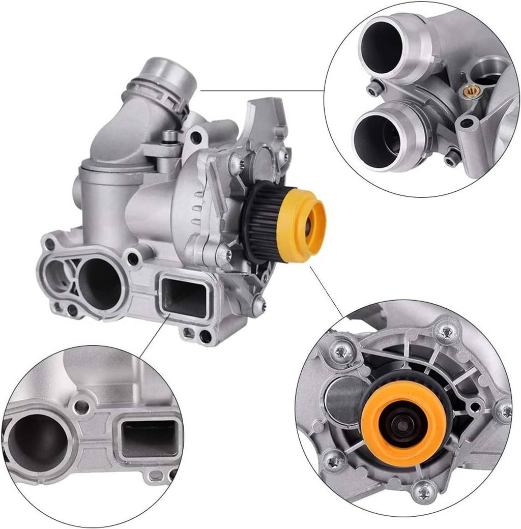 Water pump assembly with thermostat, silver housing and yellow drive pulley, multiple angles
