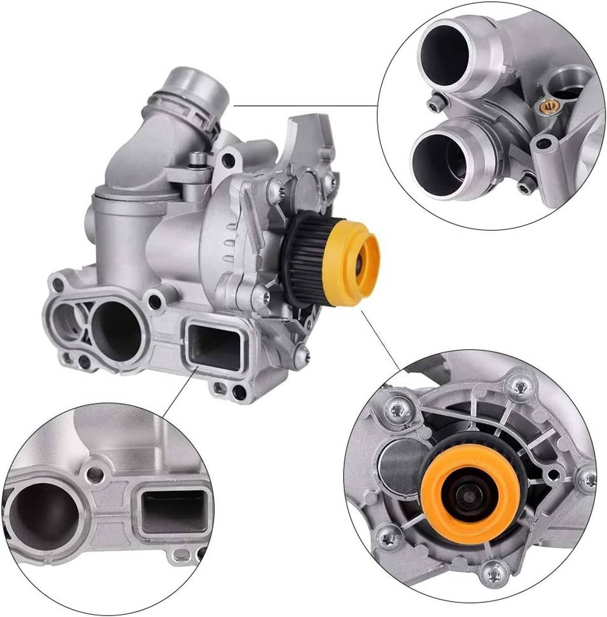 Water pump assembly with thermostat, silver housing and yellow drive pulley, multiple angles