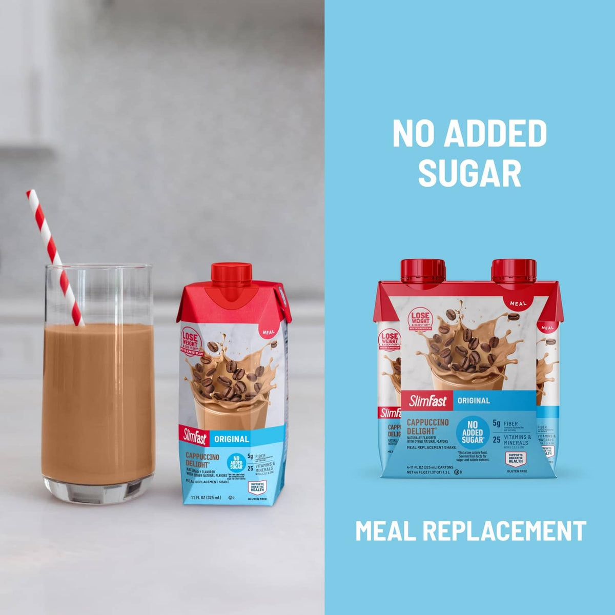 SlimFast original cappuccino meal replacement shake cartons with glass and straw