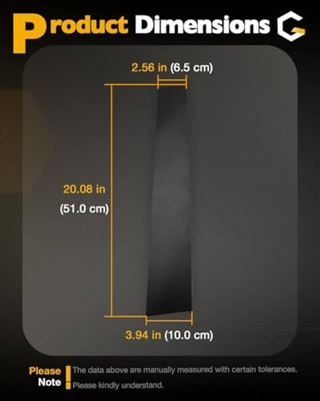 B-pillar trim molding set product dimensions graphic with height and width shown